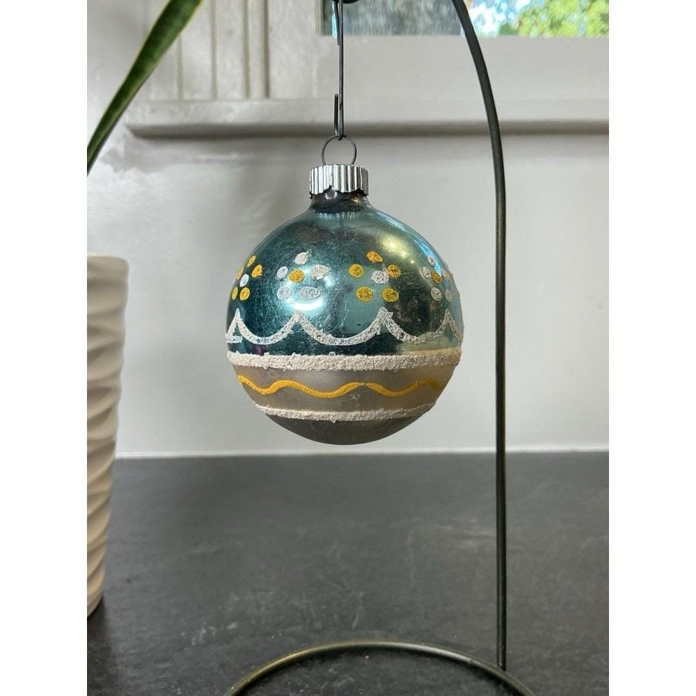 SHINY BRITE Blue & Yellow Striped Mica Flower Glass Christmas Ornament 2.25"